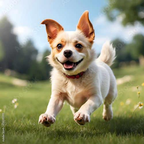 Dog Running. Portrait of beautiful cute dog. Concept of motion, beauty, fashion, breeds, pets love, animal © chanjaok1