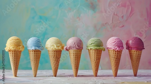 Selection of colorful ice cream scoops in paper cones, copy space