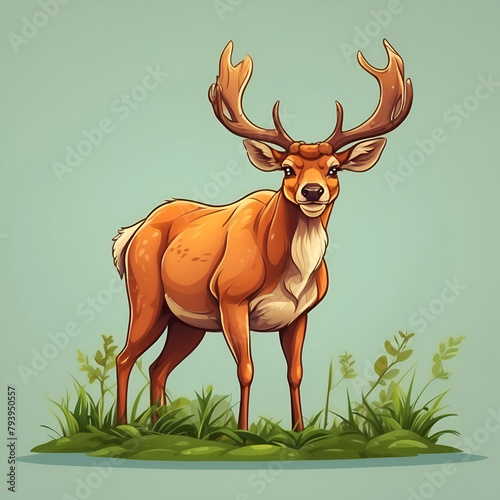 Deer in flat style. Illustration isolated on the white background. wild animal. Elegant noble sika deer. Reindeer with antlers on white background. Ruminant mammal animal, Children's illustration.