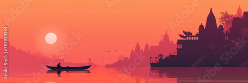 Enchanting Silhouette of Varanasi Ghats at Sunset photo