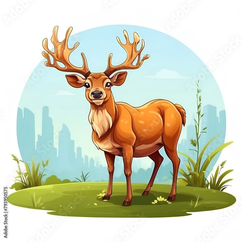 Deer in flat style. Illustration isolated on the white background. wild animal. Elegant noble sika deer. Reindeer with antlers on white background. Ruminant mammal animal, Children's illustration. © chanjaok1