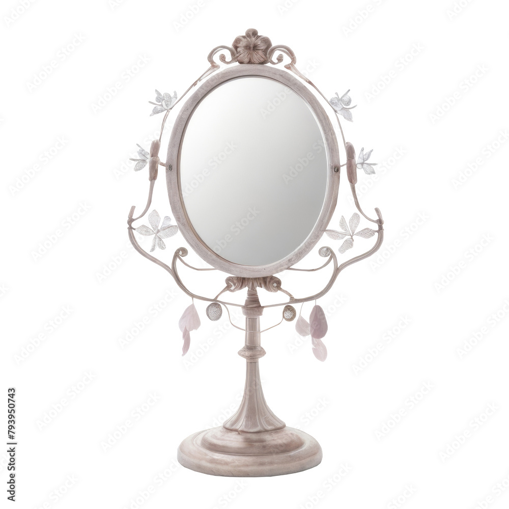 A table mirror in a silver frame in a vintage style. Isolated. Without a background. A table mirror in a silver frame in a vintage style. Isolated. Without a background.