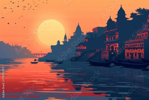 Majestic Sunset over the Iconic Varanasi Ghats along the Ganges River in India photo