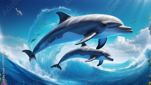 Stunning  Exhilarating  Artistic  Enchanting  and Exceptional Illustration of Dolphin Aquatic Cinematic Adventure  Abstract D Wallpaper.