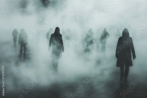 Mysterious figures emerge and vanish in the city fog