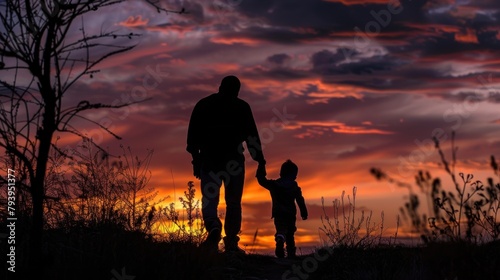 father and son silhouettes walking together, family bonding moment outdoors