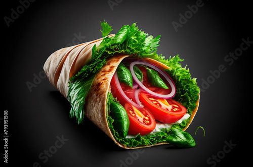 kebab wrap, product studio photo, dark black background, fresh salad tomato onion, illustration generative ai