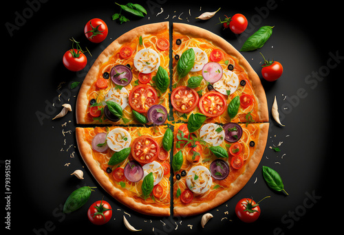 pizza, product studio photo, dark black background, fresh tomato and onion salad, Generative AI illustration,