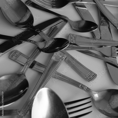 Tarnished By Time Table Knives, Tablespoons And Forks Scattered On White Table Square Stock Photo