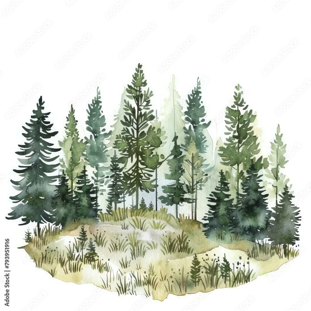 Minimalistic watercolor illustration of forest landscapes on a white background, cute and comical.