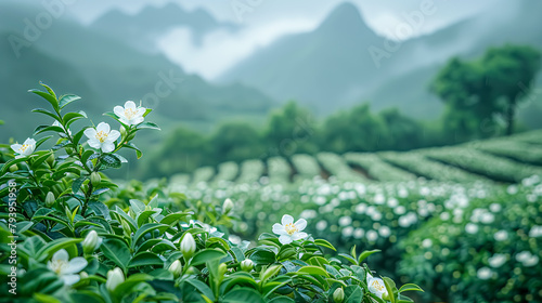 White jasmine flowers blooming in the morning on tea plantation