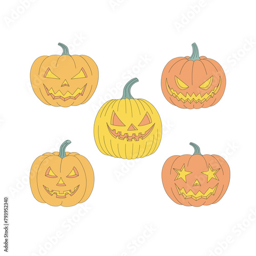 Groovy cartoon Halloween pumpkins with spooky faces vector illustration set isolated on white. Hand drawn linear style creepy squash print collection. October 31st Halloween holiday party trick or
