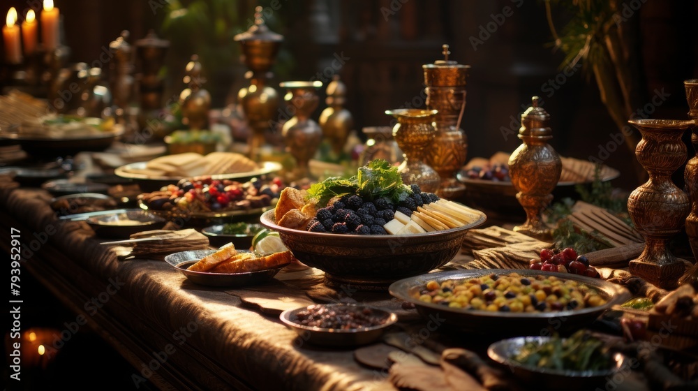 A table adorned with plates of delicious food and flickering candles