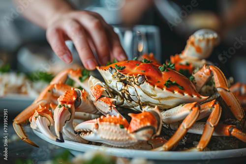 A hand grabbing a dungeness crab from a pile, food and conservation concept photo