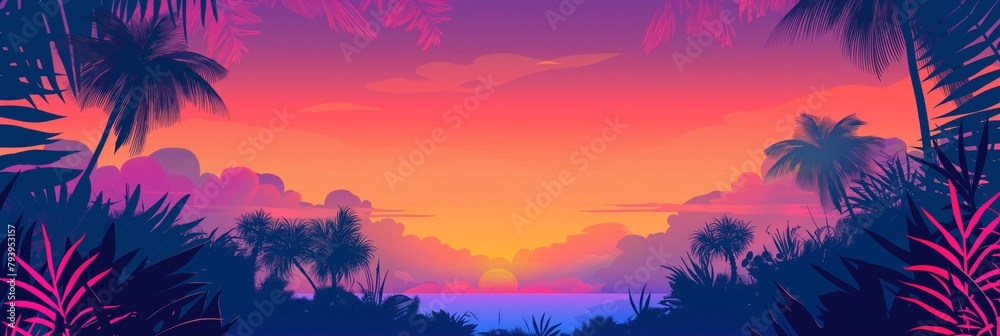 The silhouette of palm trees outlines against the vibrant, gradient hues of a tropical sunset sky