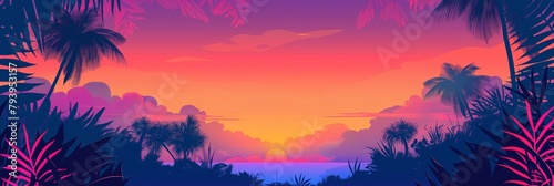 The silhouette of palm trees outlines against the vibrant, gradient hues of a tropical sunset sky © gunzexx