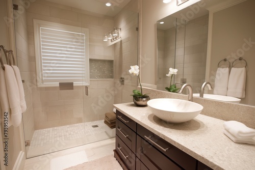 Contemporary bathroom featuring a frameless glass shower  stone countertop  and elegant design