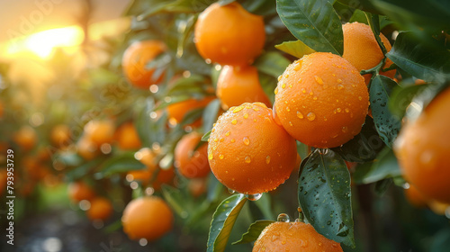 Landscape photo of orange plantation during summer dawn. Morning dew drops. Heathy fresh fruit. Vitamin. Orange grove harvest.