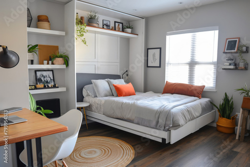 Cozy and stylish minimalist guest room featuring a space-saving murphy bed, elegant decor, and natural light photo