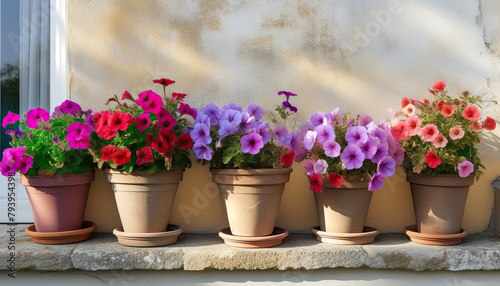 Surfinia, drooping ampersed flowers of different colors in pots on terrace. Sunny day. Gardening and plants. Landscape design.  photo