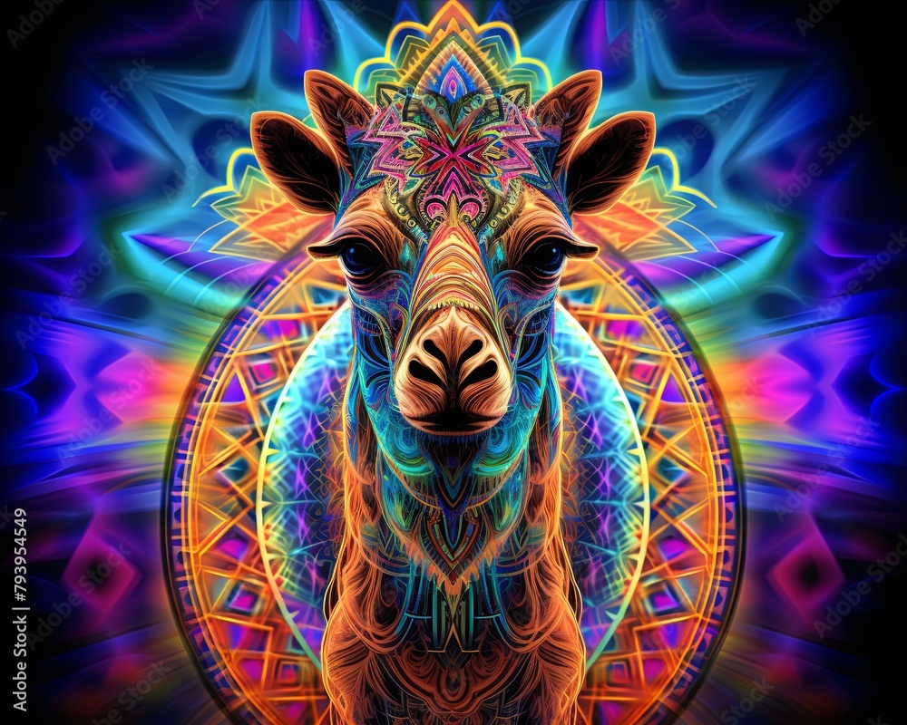 A giraffe with glowing neon fur and a mandala in the background.