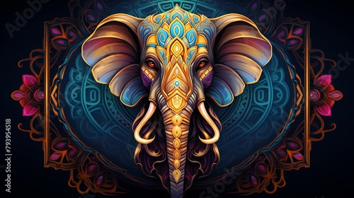 A colorful elephant with intricate patterns and a mandala in the background.