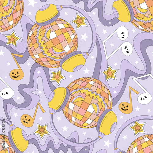Retro groovy spooky Dj disco ball in headphones with scary music notes vector seamless pattern. Hand drawn linear style creepy mirror ball background. October 31st Halloween holiday party trick or