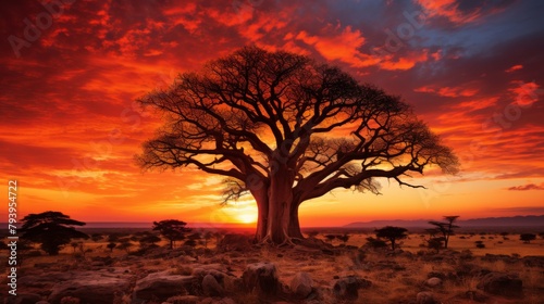 A majestic tree standing tall in the middle of a field as the sun sets in the background