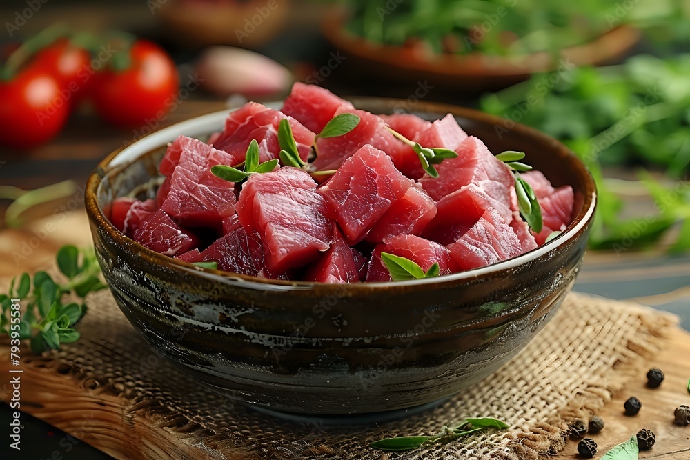 Earthy Raw Meat in Ceramic Bowl