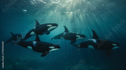 Orcas killer whales underwater in dark sea. © PaulShlykov
