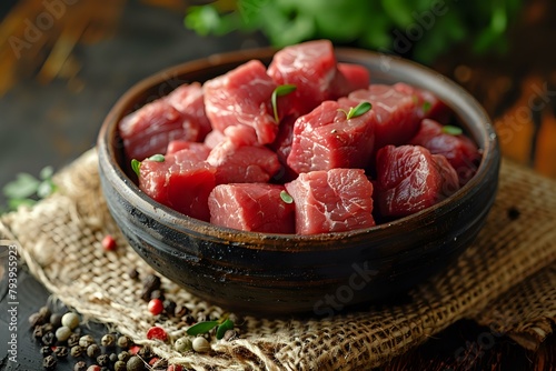 Natural Raw Meat Setting with Woven Fabric photo