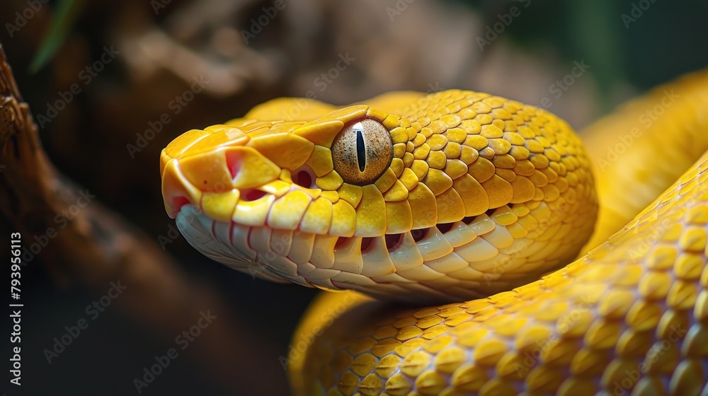 Close-up of a yellow Boga dendrophila snake with cocked mouth Close-up of a yellow Boga dendrophila snake with cocked mouth