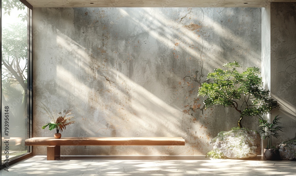 /imagine: prompt: A concrete wall with a wooden bench in front of it ...