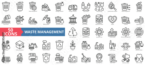 Waste management icon collection set. Containing disposal, landfill, garbage collection, transport, plastic, sorting, contamination icon. Simple line vector. photo