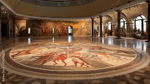 A room featuring a massive painting laid out on the floor, filling the space with vibrant colors and intricate details