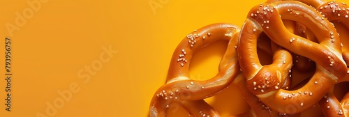 Three golden brown pretzels, salted and ready to be enjoyed, sit against a bright yellow, high contrast background