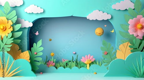 paper cut out flowers and clouds background