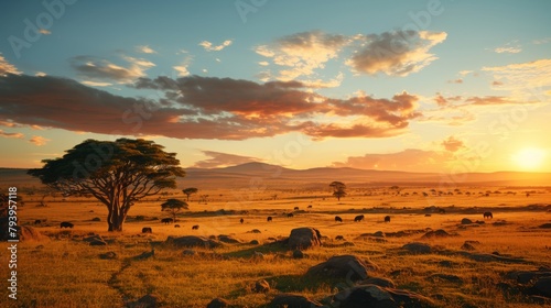 The sun sets over a serene field dotted with rocks and trees