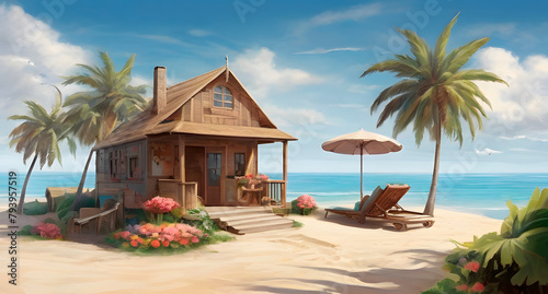 A serene watercolor illustration of a beach with a cozy wooden cabin surrounded by lush greenery, palm trees, a beach umbrella, and sun loungers overlooking a tranquil blue sea. photo