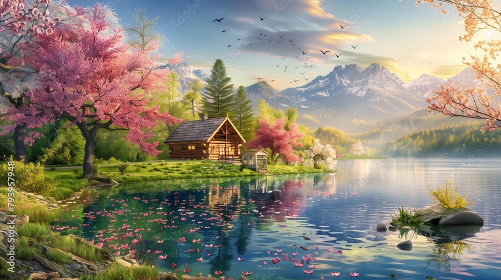A peaceful springtime scene at a colorful lake, with cherry blossoms blooming on the shore and a quaint cabin surrounded by fresh greenery.