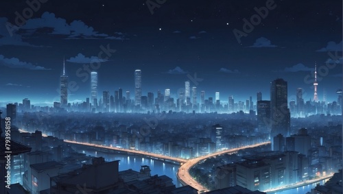Tranquil Lo-fi Atmosphere with Night Skyline and Blue Hues, Manga and Anime Inspirations.
