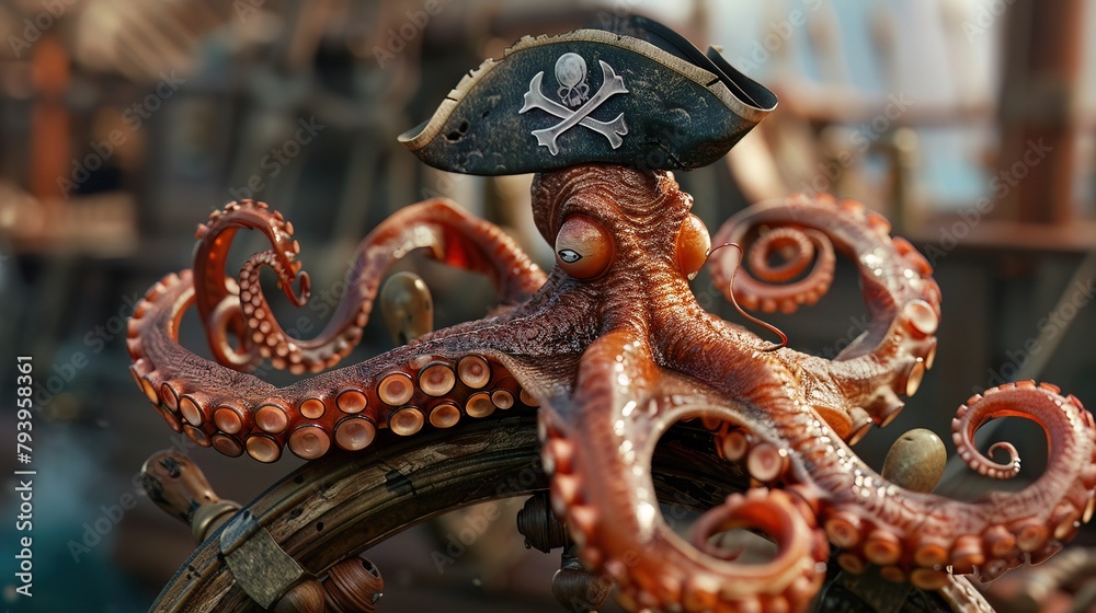 Fototapeta premium A 3D octopus wearing a pirate hat navigates a sunken treasure map, its tentacles expertly maneuvering the ship wheel