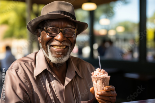 Smiling old man is sitting in a cafe and eating delicious ice cream © sofiko14