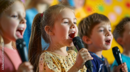Children Singing with Microphones Captivating Vocal Performance