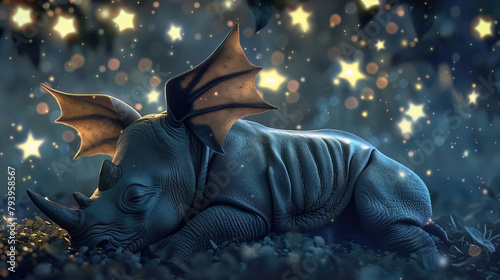 A baby rhino with the wings of a bat, dreaming under a starlit sky, 3D illustration photo