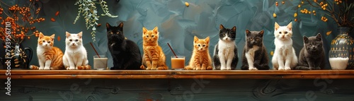 A bustling cat cafe scene, with felines as baristas and customers, playfully observing International Cat Day