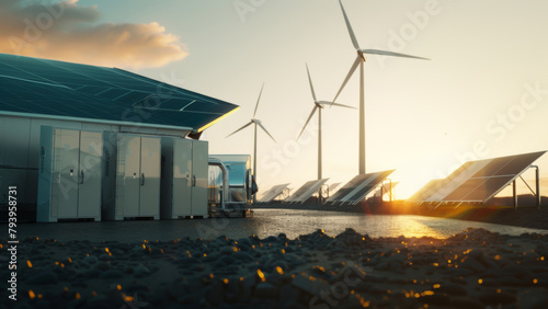 Advanced battery energy storage system with wind turbines and solar panels, modern green power grid