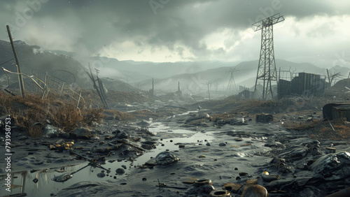 Post apocalyptic city ruins, nuclear fallout landscape scene, radioactive collpase of society, urban destruction.