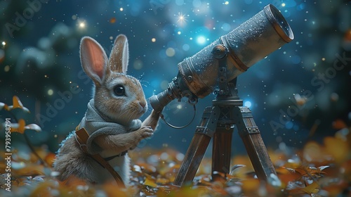 A 3D rabbit setting up a telescope on the moon to observe distant galaxies and star clusters photo