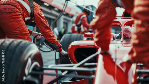 Pit crew mechanics working on red race car at racing track